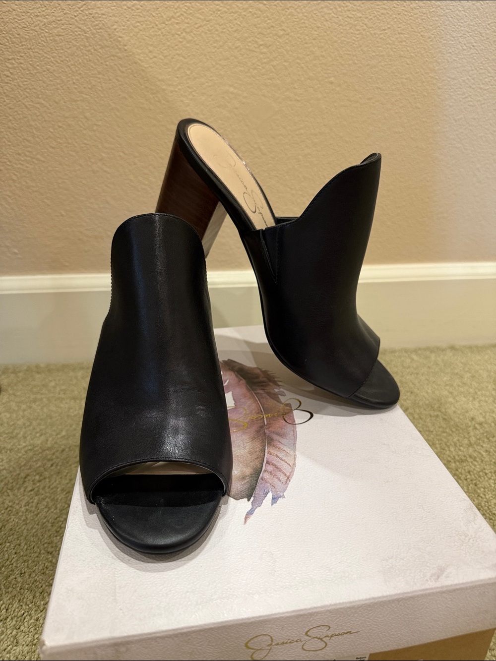 Jessica Simpson Rainn Black Leather Open-Toe Mule Heels